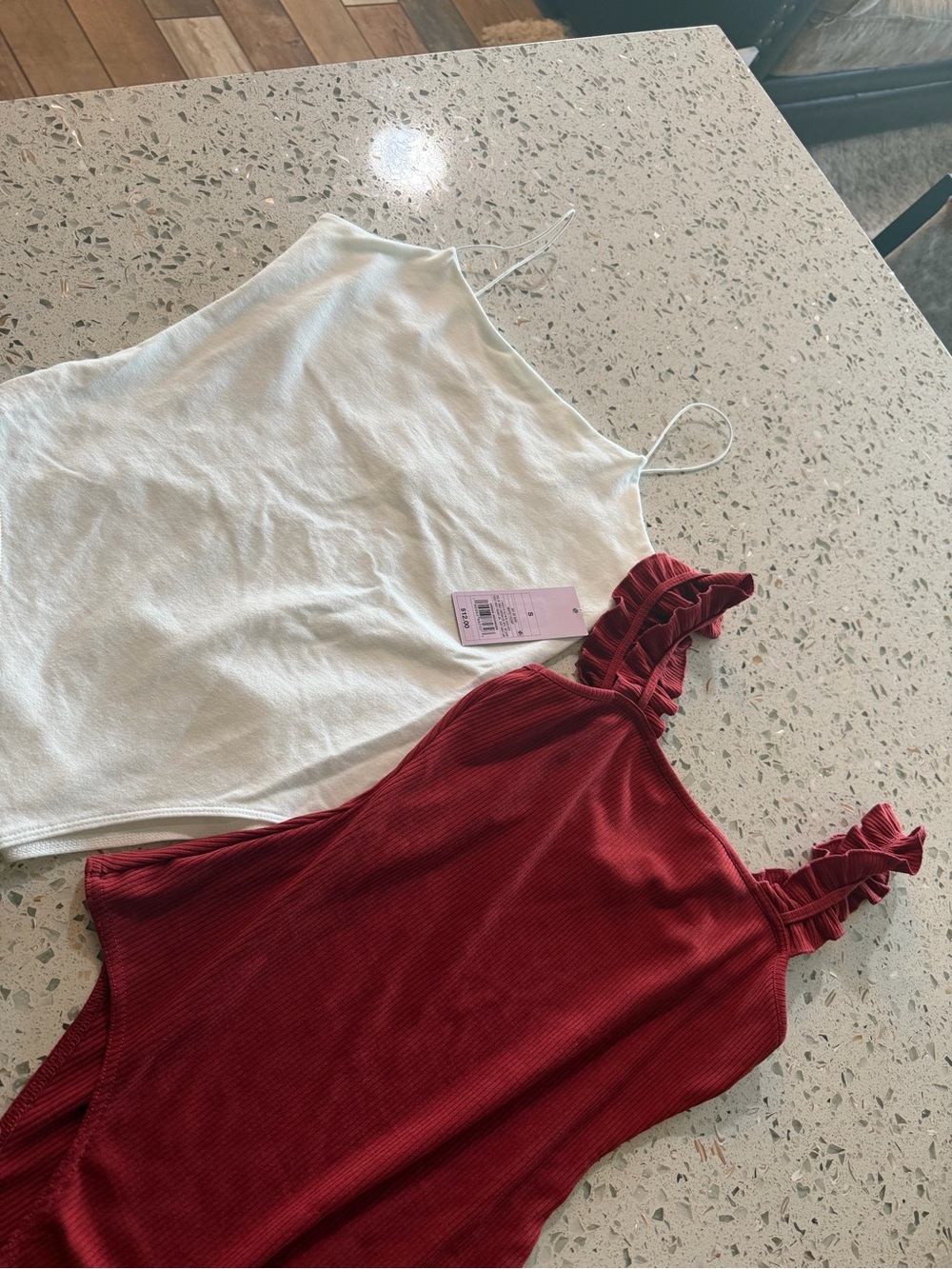 White Ribbed Cami & Burgundy Ruffled Strap Top - Set